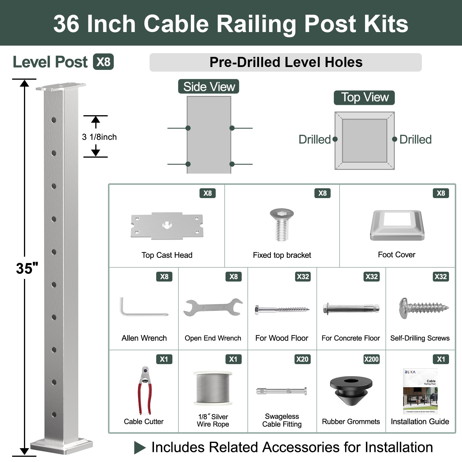 BLIKA 36'' & 42'' Brushed Stainless Steel Surface Mount Cable Railing System DIY Kit (4FT - 28FT, Level Drilled, No Handrail) - 1/8