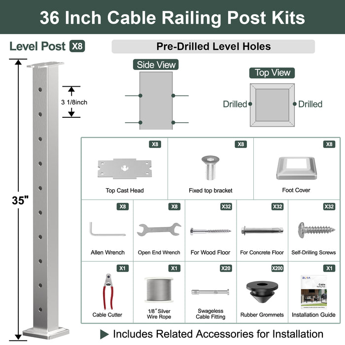 BLIKA 36'' & 42'' Brushed Stainless Steel Surface Mount Cable Railing System DIY Kit (4FT - 28FT, Level Drilled, No Handrail) - 1/8" Cable & Hardware