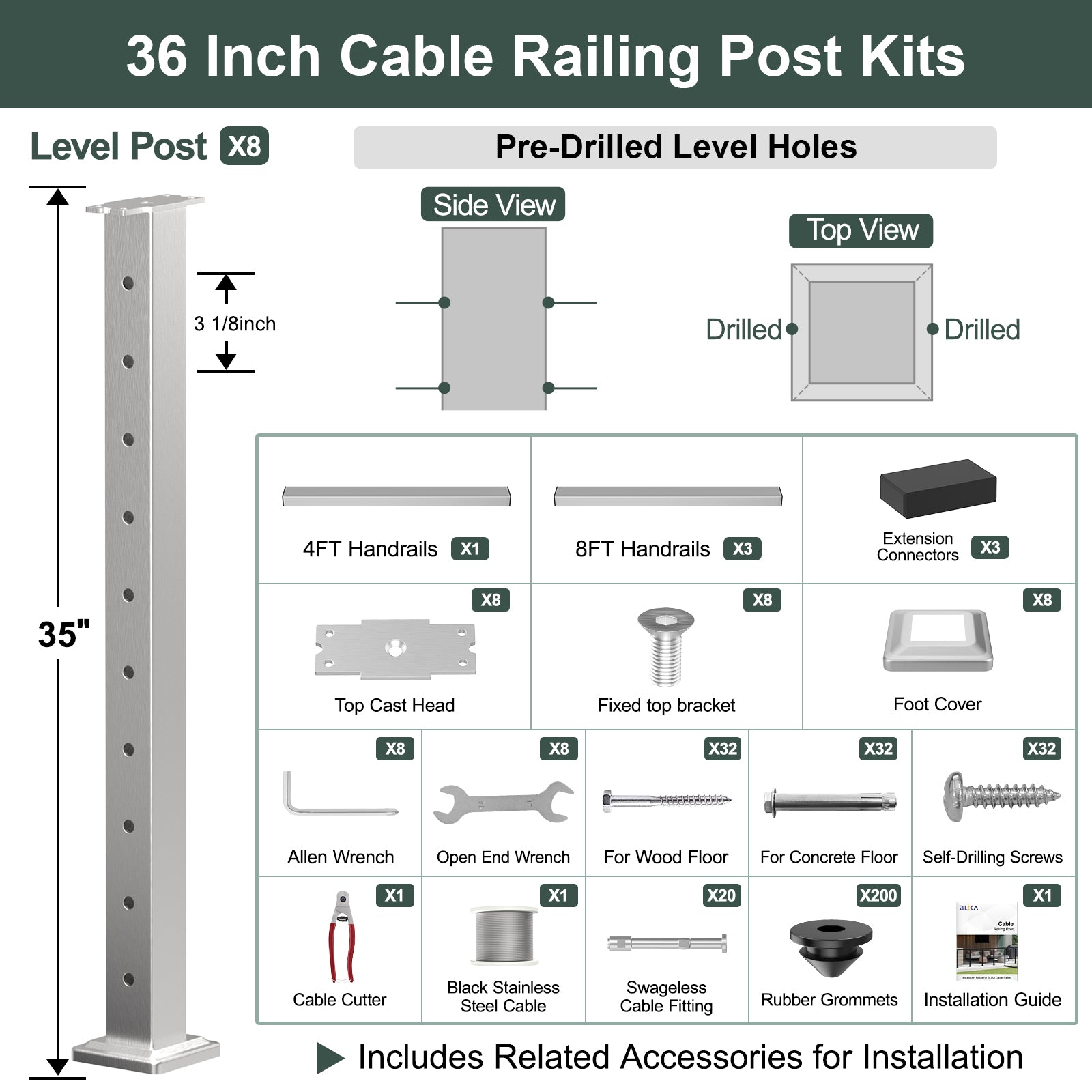 BLIKA 36'' & 42'' Brushed Stainless Steel Surface Mount Cable Railing System DIY Kit (4FT - 28FT, Level Drilled, )