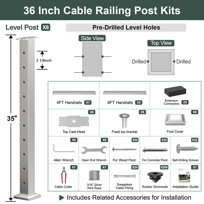 BLIKA 36'' & 42'' Brushed Stainless Steel Surface Mount Cable Railing System DIY Kit (4FT - 28FT, Level Drilled, ) - 3/16" Cable & Hardware