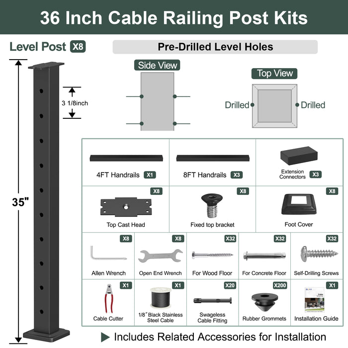 BLIKA 36'' & 42'' Black Surface Mount Cable Railing System DIY Kit (4FT - 28FT, Level Drilled, ) - 1/8" Cable & Hardware