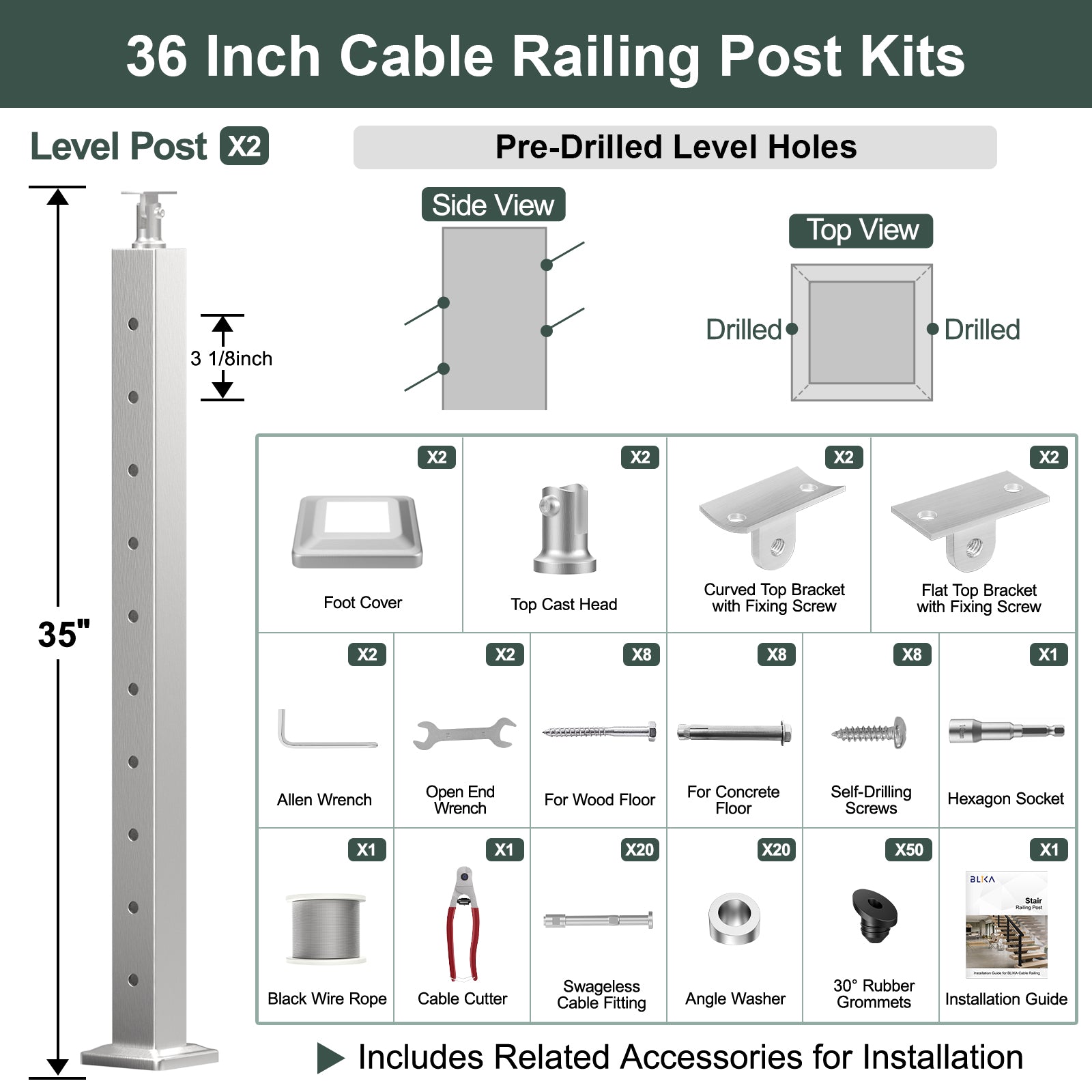 BLIKA 36'' & 42''  Brushed Stainless Steel Surface Mount Stair Cable Railing System DIY Kit (4FT - 20FT, Angled Drilled, No Handrail)