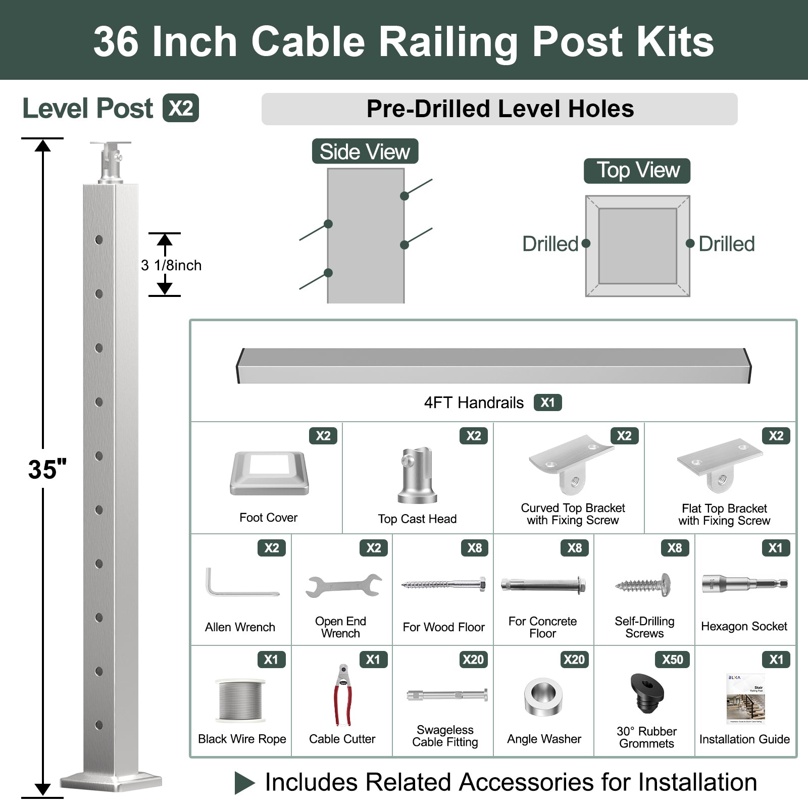 BLIKA 36'' & 42'' Brushed Stainless Steel Surface Mount Stair Cable Railing System DIY Kit (4FT - 20FT, Angled Drilled)