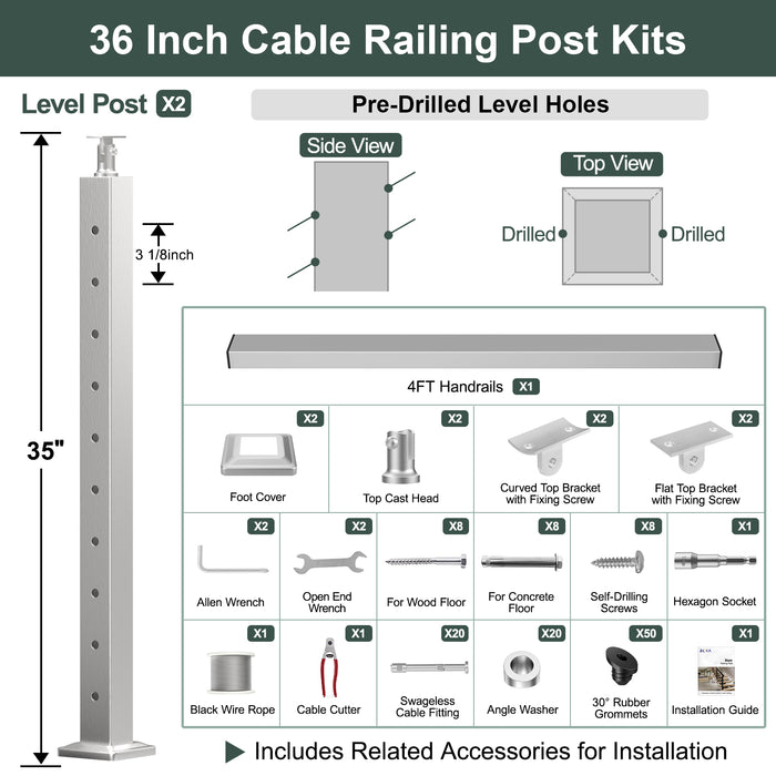 BLIKA 36'' & 42'' Brushed Stainless Steel Surface Mount Stair Cable Railing System DIY Kit (4FT - 20FT, Angled Drilled)
