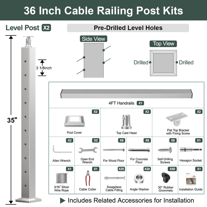 BLIKA 36'' & 42'' Brushed Stainless Steel Surface Mount Stair Cable Railing System DIY Kit (4FT - 20FT, Angled Drilled) - 3/16" Cable & Hardware