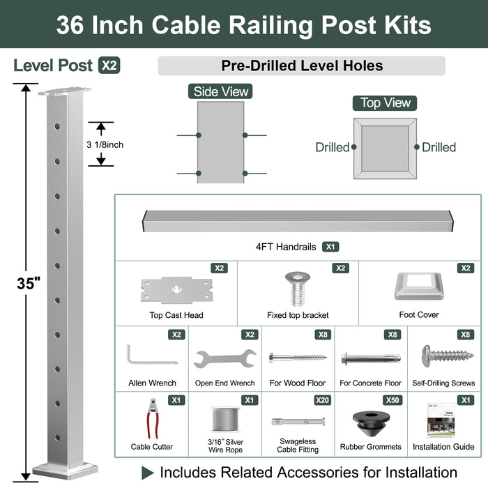 BLIKA 36'' & 42'' Brushed Stainless Steel Surface Mount Cable Railing System DIY Kit (4FT - 28FT, Level Drilled, ) - 3/16" Cable & Hardware