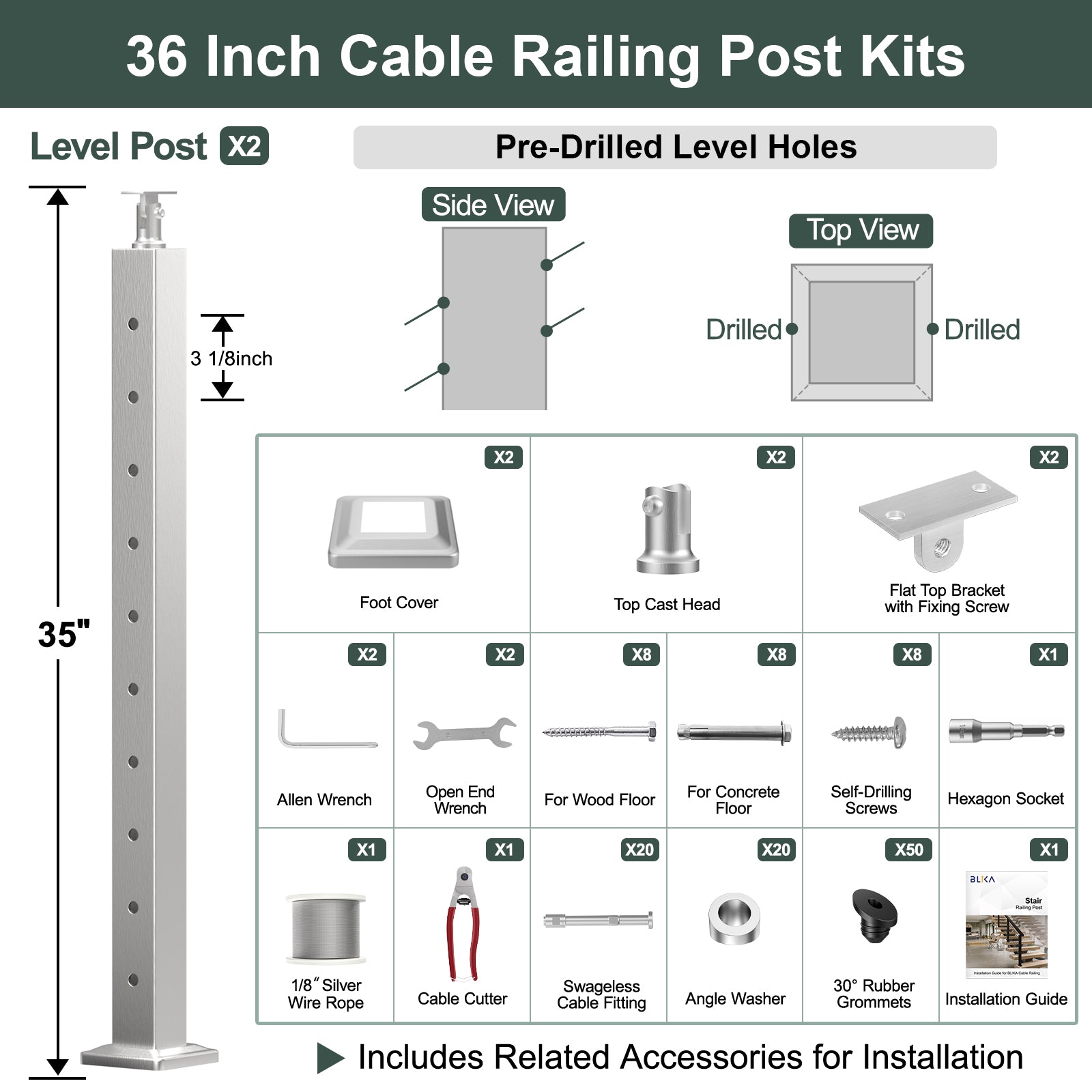 BLIKA 36'' & 42''  Brushed Stainless Steel Surface Mount Stair Cable Railing System DIY Kit (4FT - 20FT, Angled Drilled, No Handrail) - 1/8