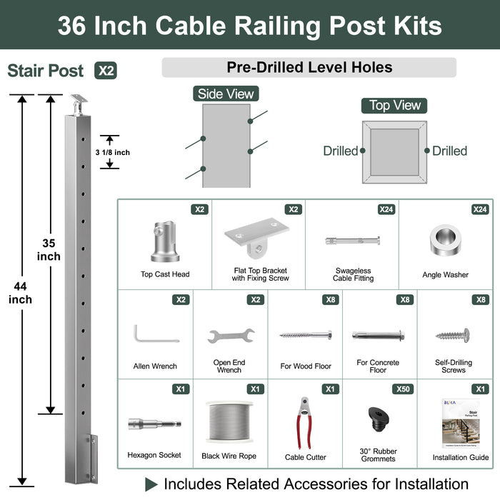 BLIKA 36'' & 42'' Brushed Stainless Steel Side Mount Stair Cable Railing System DIY Kit (4FT - 20FT,  No Handrail) - 1/8" Cable & Hardware