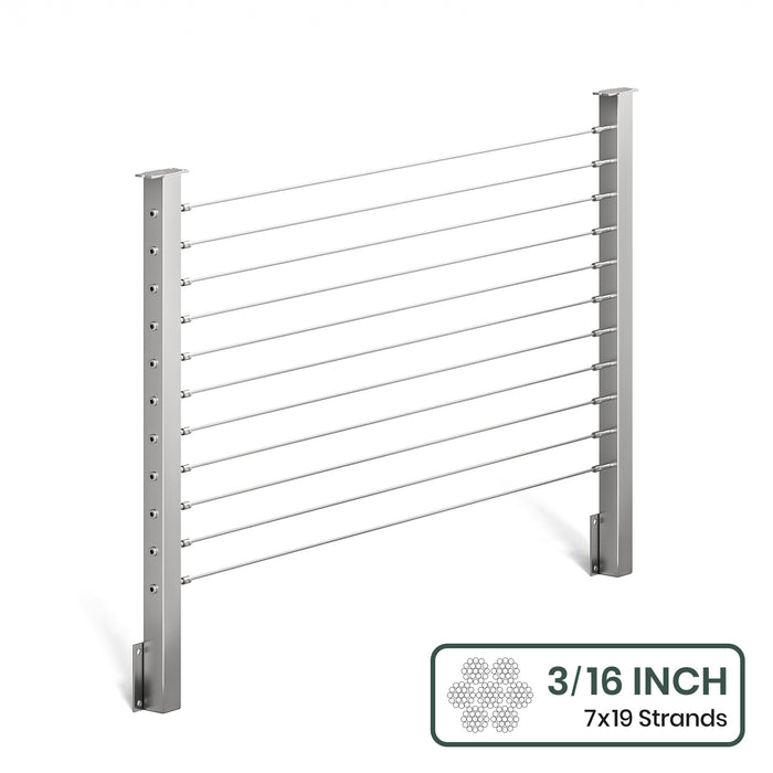 BLIKA 36'' & 42'' Brushed Stainless Steel Side Mount Cable Railing System DIY Kit (4FT - 28FT,  No Handrail) - 3/16" Cable & Hardware