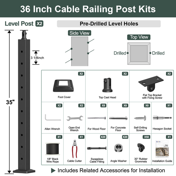 BLIKA 36'' & 42'' Black Surface Mount Stair Cable Railing System DIY Kit (4FT - 20FT, Angled Drilled, No Handrail) - 1/8" Cable & Hardware