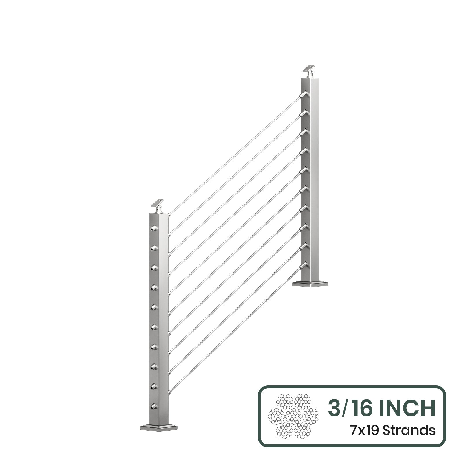 BLIKA 36'' & 42''  Brushed Stainless Steel Surface Mount Stair Cable Railing System DIY Kit (4FT - 20FT, Angled Drilled, No Handrail) - 3/16