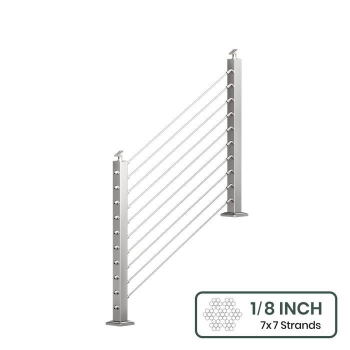 BLIKA 36'' & 42''  Brushed Stainless Steel Surface Mount Stair Cable Railing System DIY Kit (4FT - 20FT, Angled Drilled, No Handrail) - 1/8" Cable & Hardware