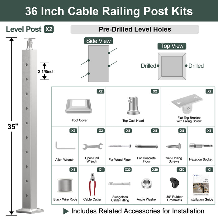 BLIKA 36'' & 42''  Brushed Stainless Steel Surface Mount Stair Cable Railing System DIY Kit (4FT - 20FT, Angled Drilled, No Handrail) - 1/8" Cable & Hardware