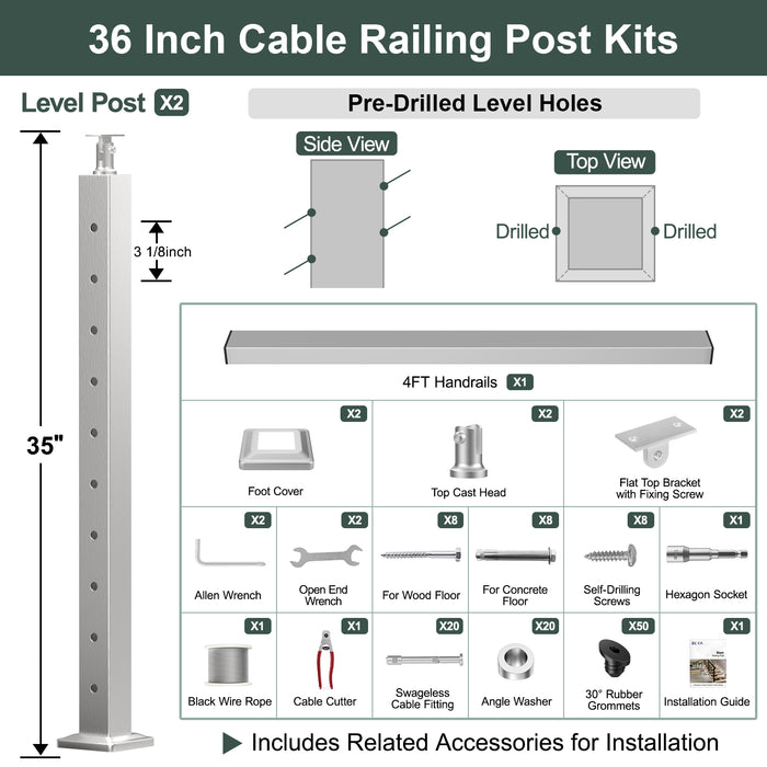 BLIKA 36'' & 42'' Brushed Stainless Steel Surface Mount Stair Cable Railing System DIY Kit (4FT - 20FT, Angled Drilled) - 1/8" Cable & Hardware
