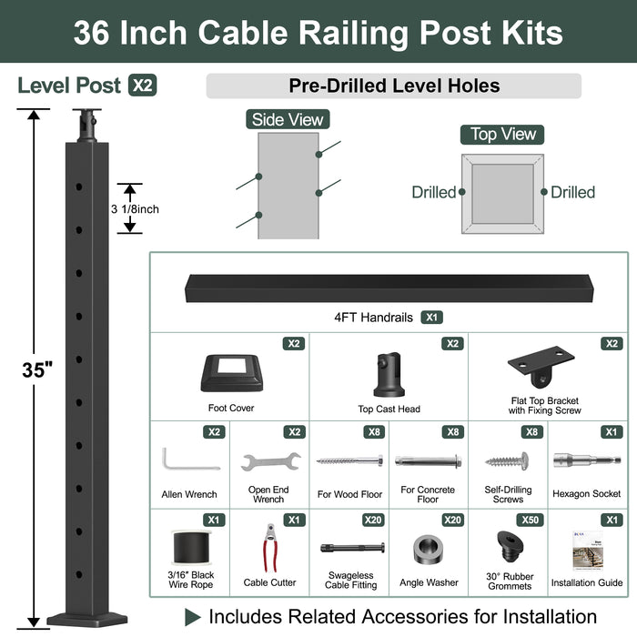 BLIKA 36'' & 42'' Black Surface Mount Stair Cable Railing System DIY Kit (4FT - 20FT, Angled Drilled) - 3/16" Cable & Hardware