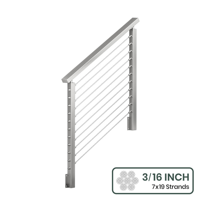 BLIKA 36'' & 42''  Brushed Stainless Steel Side Mount  Stair Cable Railing System DIY Kit (4FT - 20FT, Angled Drilled) - 3/16" Cable & Hardware