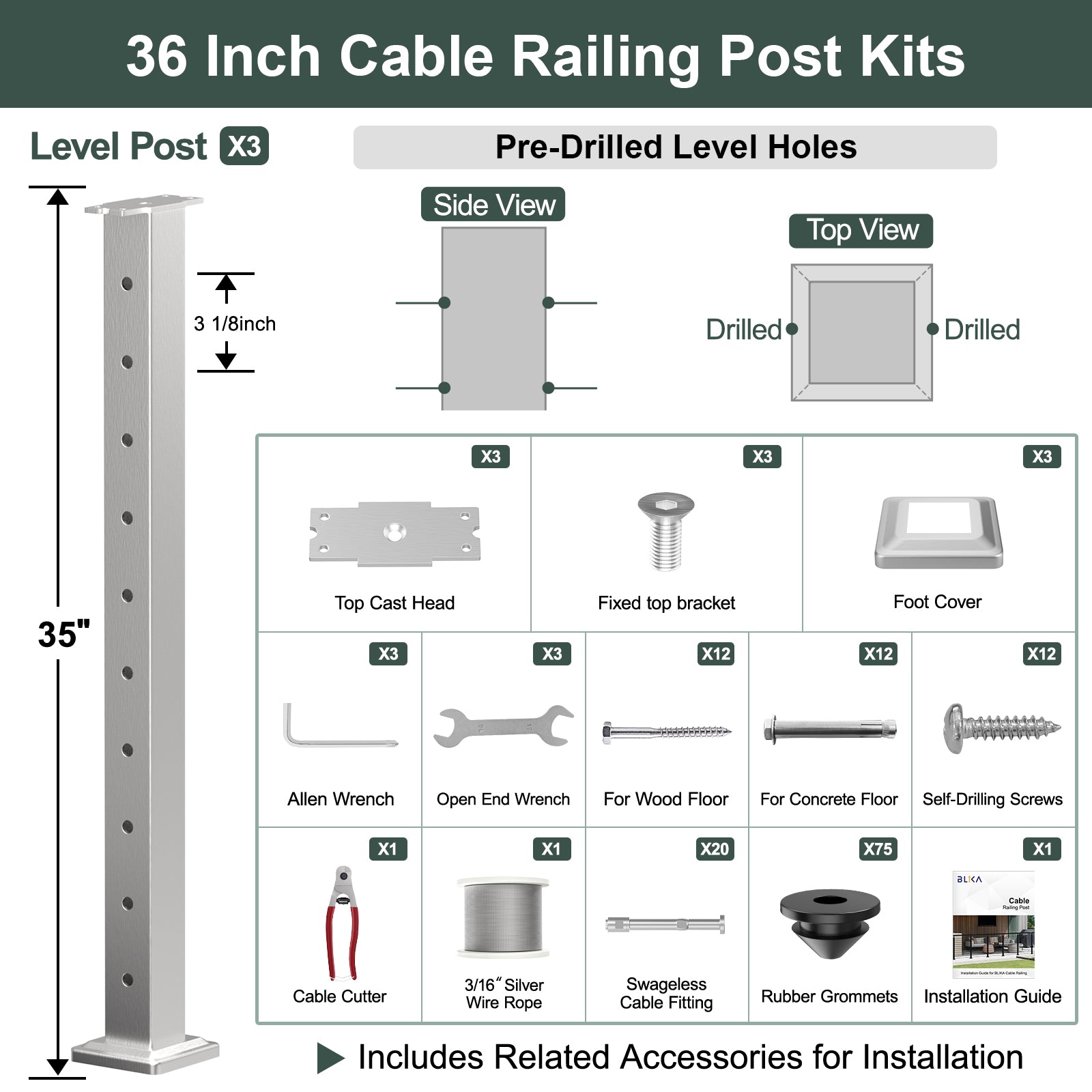 BLIKA 36'' & 42'' Brushed Stainless Steel Surface Mount Cable Railing System DIY Kit (4FT - 28FT, Level Drilled, No Handrail) - 3/16