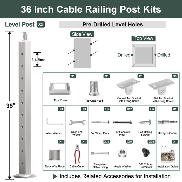 BLIKA 36'' & 42''  Brushed Stainless Steel Surface Mount Stair Cable Railing System DIY Kit (4FT - 20FT, Angled Drilled, No Handrail)