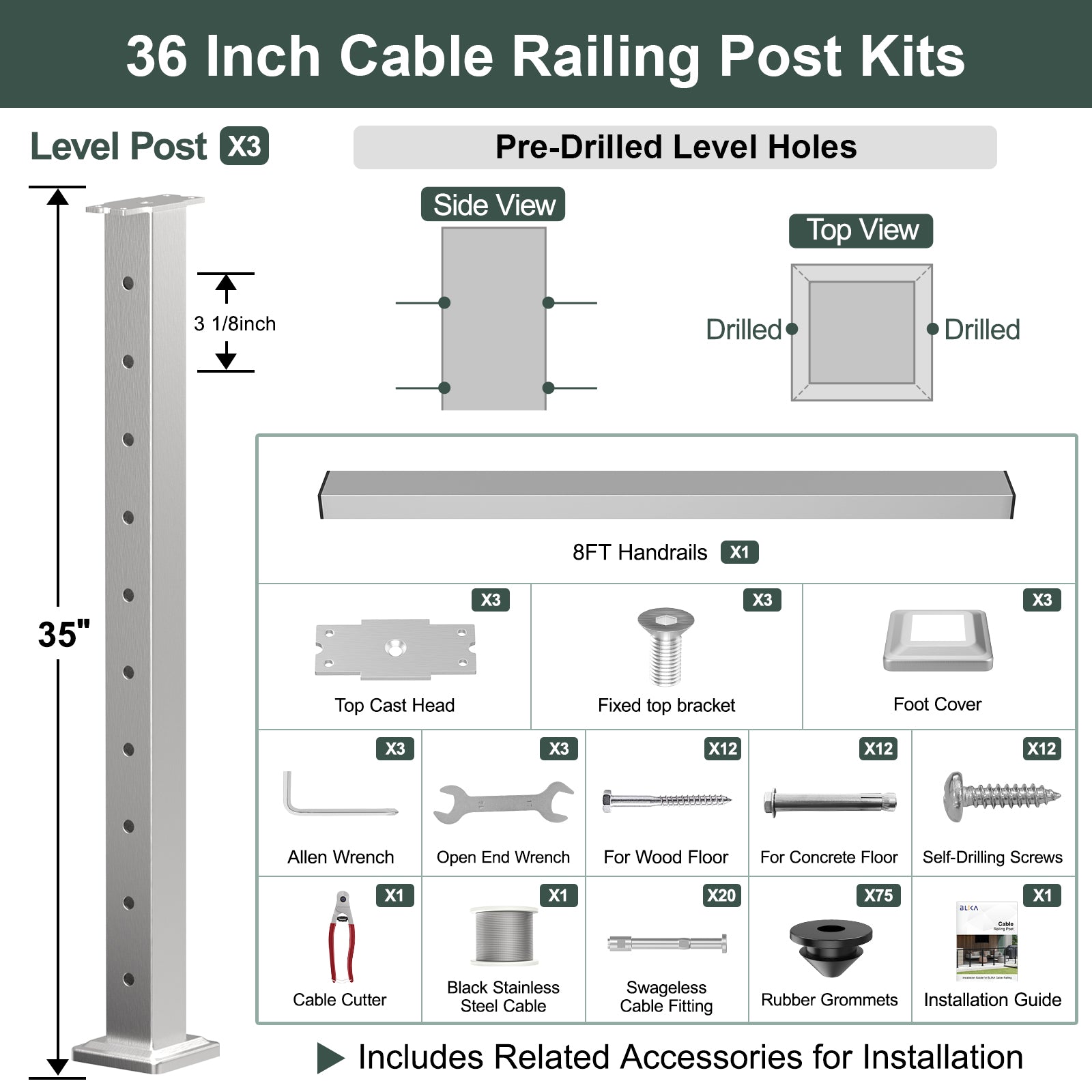 BLIKA 36'' & 42'' Brushed Stainless Steel Surface Mount Cable Railing System DIY Kit (4FT - 28FT, Level Drilled, )