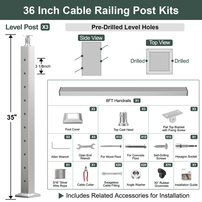 BLIKA 36'' & 42'' Brushed Stainless Steel Surface Mount Stair Cable Railing System DIY Kit (4FT - 20FT, Angled Drilled) - 3/16" Cable & Hardware
