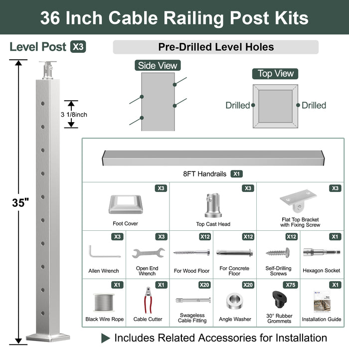 BLIKA 36'' & 42'' Brushed Stainless Steel Surface Mount Stair Cable Railing System DIY Kit (4FT - 20FT, Angled Drilled) - 1/8" Cable & Hardware