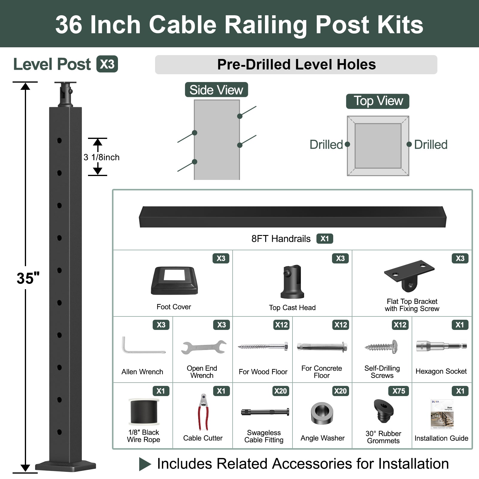 BLIKA 36'' Black Surface Mount Stair Cable Railing  DIY Kit with Invisible Crimp Fittings（No Handrail) - 1/8