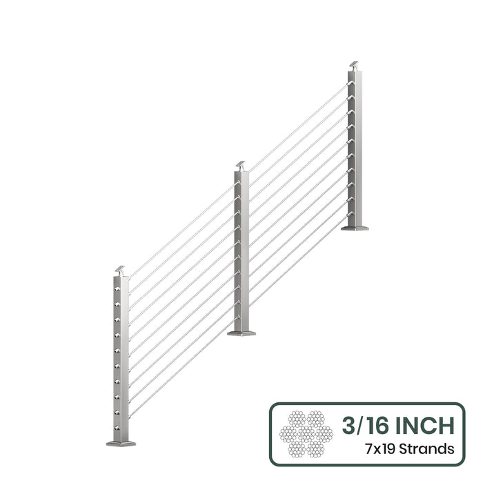 BLIKA 36'' & 42''  Brushed Stainless Steel Surface Mount Stair Cable Railing System DIY Kit (4FT - 20FT, Angled Drilled, No Handrail) - 3/16" Cable & Hardware