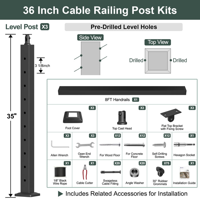 BLIKA 36'' Black Surface Mount Stair Cable Railing  DIY Kit with Invisible Crimp Fittings - 1/8" Cable & Hardware