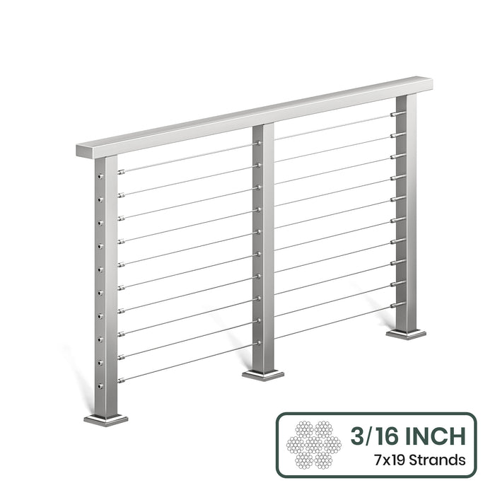 BLIKA 36'' & 42'' Brushed Stainless Steel Surface Mount Cable Railing System DIY Kit (4FT - 28FT, Level Drilled, ) - 3/16" Cable & Hardware