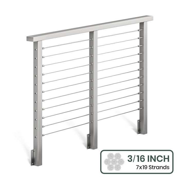 BLIKA 36'' & 42'' Brushed Stainless Steel Side Mount Cable Railing System DIY Kit (4FT - 28FT, Level Drilled) - 3/16" Cable & Hardware