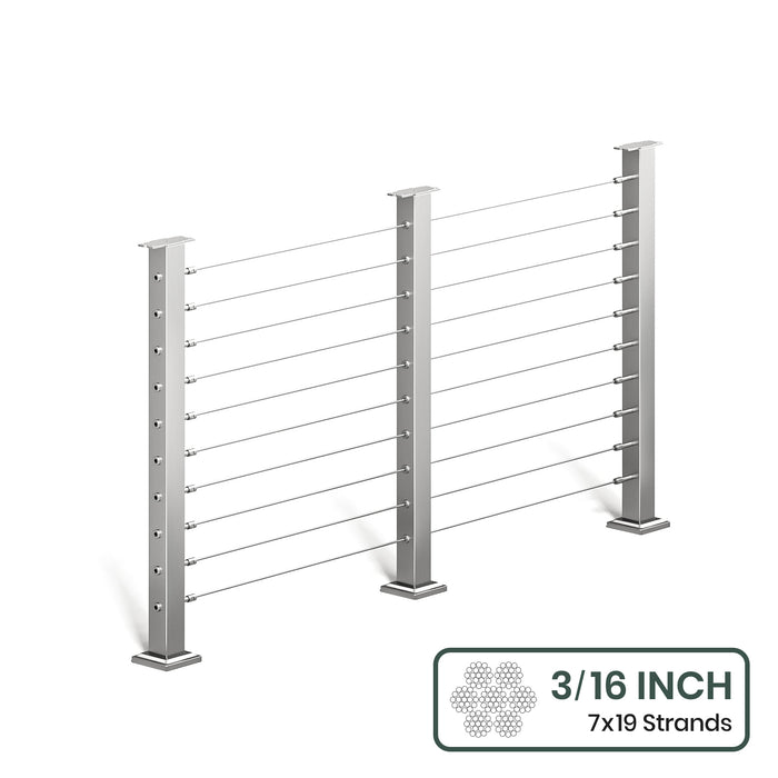 BLIKA 36'' & 42'' Brushed Stainless Steel Surface Mount Cable Railing System DIY Kit (4FT - 28FT, Level Drilled, No Handrail) - 3/16" Cable & Hardware
