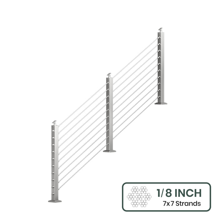 BLIKA 36'' & 42''  Brushed Stainless Steel Surface Mount Stair Cable Railing System DIY Kit (4FT - 20FT, Angled Drilled, No Handrail) - 1/8" Cable & Hardware