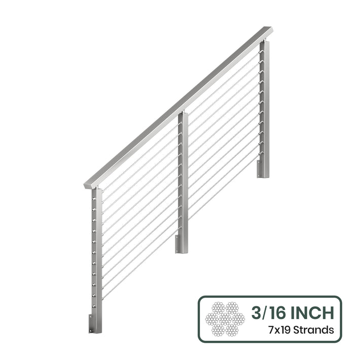 BLIKA 36'' & 42''  Brushed Stainless Steel Side Mount  Stair Cable Railing System DIY Kit (4FT - 20FT, Angled Drilled) - 3/16" Cable & Hardware