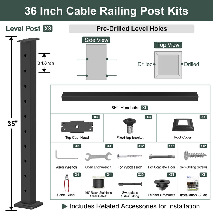 BLIKA 36'' & 42'' Black Surface Mount Cable Railing System DIY Kit (4FT - 28FT, Level Drilled, ) - 1/8" Cable & Hardware