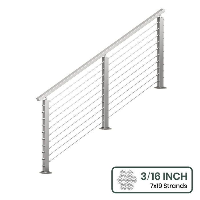 BLIKA 36'' & 42'' Brushed Stainless Steel Surface Mount Stair Cable Railing System DIY Kit (4FT - 20FT, Angled Drilled) - 3/16" Cable & Hardware