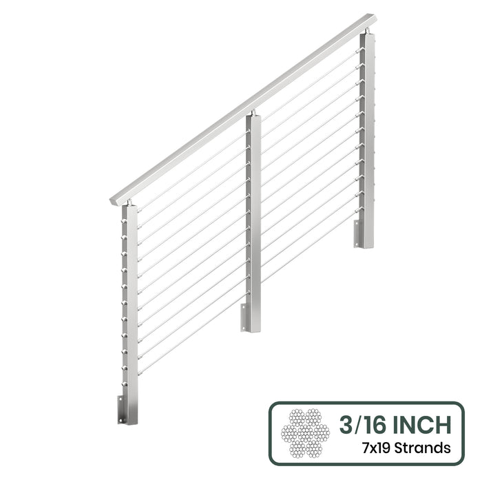 BLIKA 36'' & 42''  Brushed Stainless Steel Side Mount  Stair Cable Railing System DIY Kit (4FT - 20FT, Angled Drilled) - 3/16" Cable & Hardware