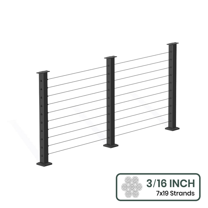 BLIKA 36'' & 42''  Black Surface Mount Cable Railing System DIY Kit (4FT - 28FT, Level Drilled, No Handrail) - 3/16" Cable & Hardware