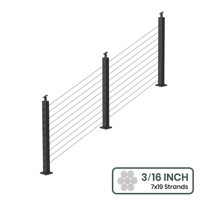 BLIKA 36'' & 42'' Black Surface Mount Stair Cable Railing System DIY Kit (4FT - 20FT, Angled Drilled, No Handrail) - 3/16" Cable & Hardware