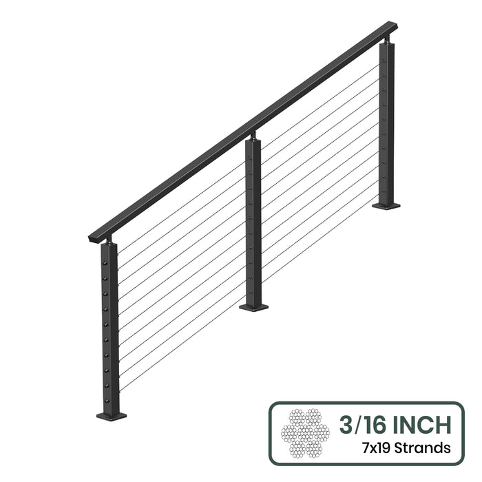 BLIKA 36'' & 42'' Black Surface Mount Stair Cable Railing System DIY Kit (4FT - 20FT, Angled Drilled) - 3/16" Cable & Hardware