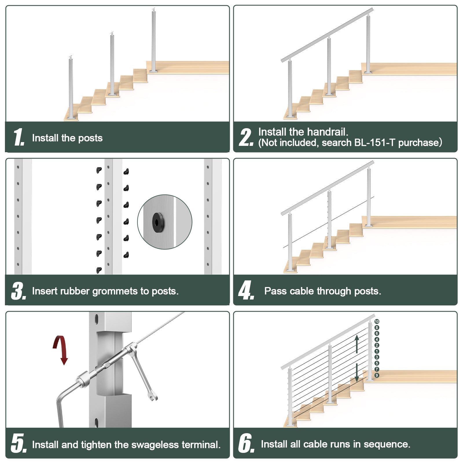 BLIKA 36'' & 42'' Brushed Stainless Steel Surface Mount Stair Cable Railing System DIY Kit (4FT - 20FT, Angled Drilled)