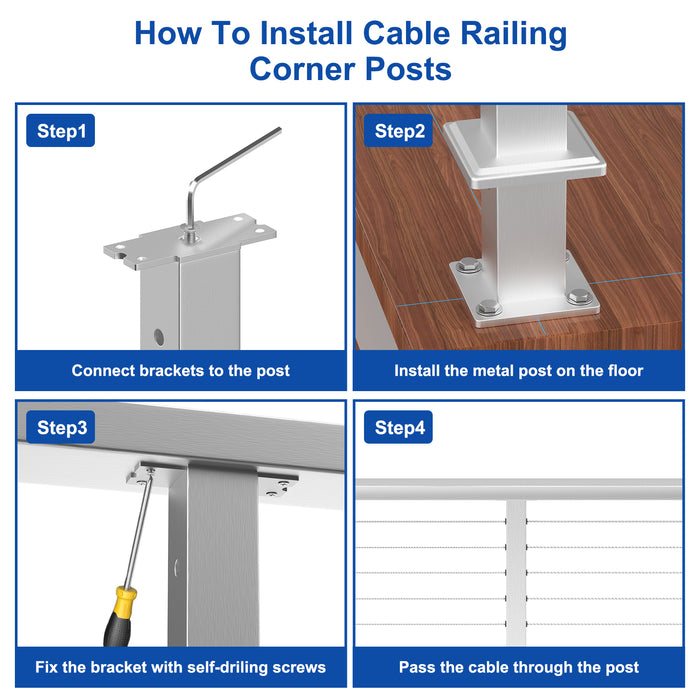 BLIKA 42" Brushed Stainless Steel Pre-Drilled Cable Railing Post for Level Installations