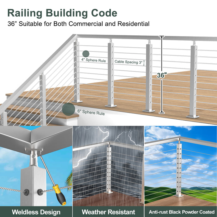 36 inch Cable Railing System for Commercial and Residential Projects, Meets 4 inch Sphere Rule and Building Code, Weldless Design Modern Deck Railing.
