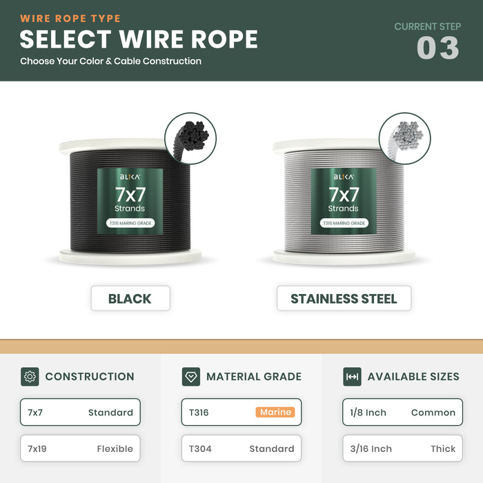 BLIKA T316 Marine Grade Stainless Steel Cable for railing. 7x7 strands wire rope in black and silver finishes for durable deck and stair safety.
