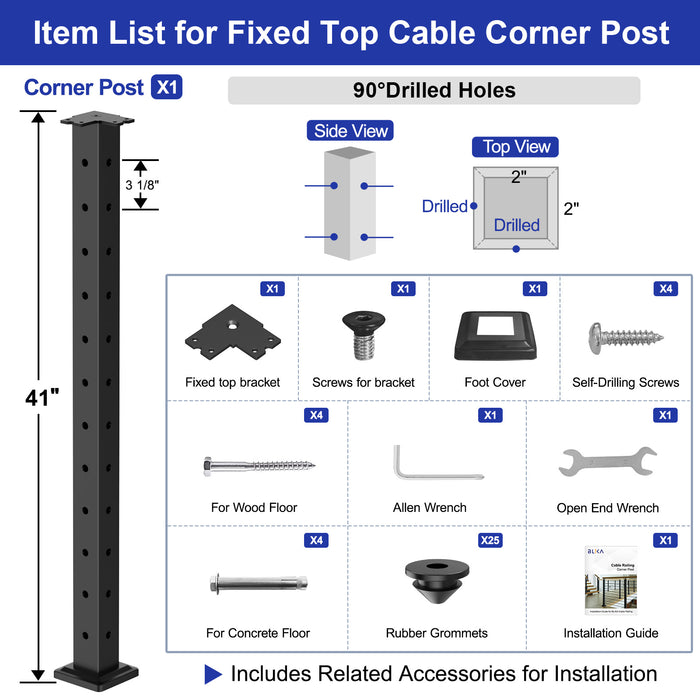 BLIKA 42" Level Drilled Cable Railing Corner Post