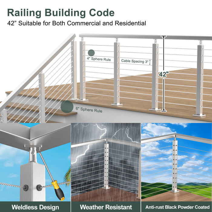 BLIKA 42" Brushed Stainless Steel Pre-Drilled Cable Railing Post for Stair Installations