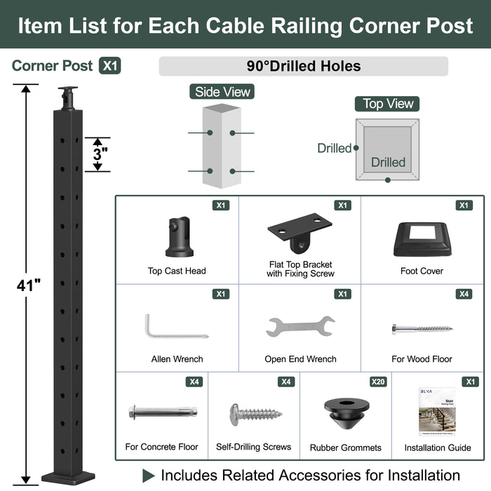 BLIKA 42" Pre-Drilled Level & Corner Cable Railing Post