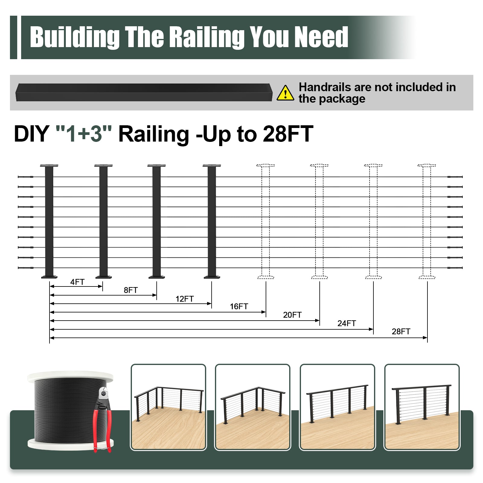 BLIKA 36'' & 42''  Black Surface Mount Cable Railing System DIY Kit (4FT - 20FT, Level Drilled, No Handrail)