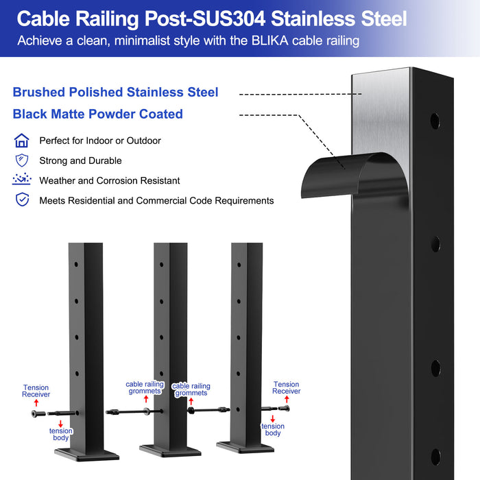 BLIKA 36" Horizontal Drill Flat Top Cable Railing Post