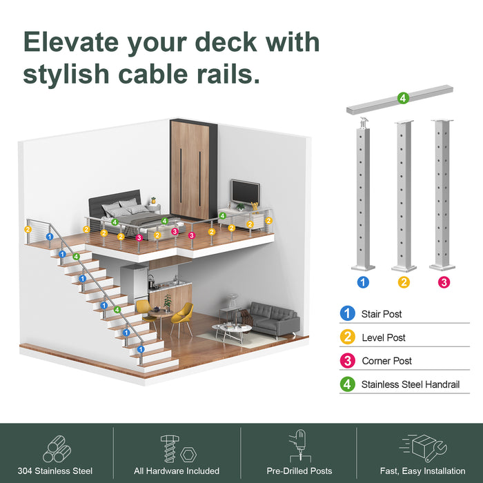 BLIKA 36" Brushed Stainless Steel Pre-Drilled Cable Railing Post for Level Installations