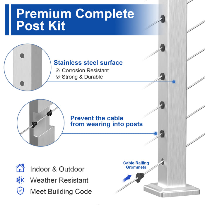 BLIKA 36" Brushed Stainless Steel Pre-Drilled Cable Railing Post for Stair Installations